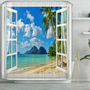 3D Palms Ocean Tropical Island Beach Shower Curtain, Fabric Cloth Polyester Waterproof Bath Curtain, Maldives High-Resolution Photography Home Decor Bathroom Textile Leisure Shower Curtain